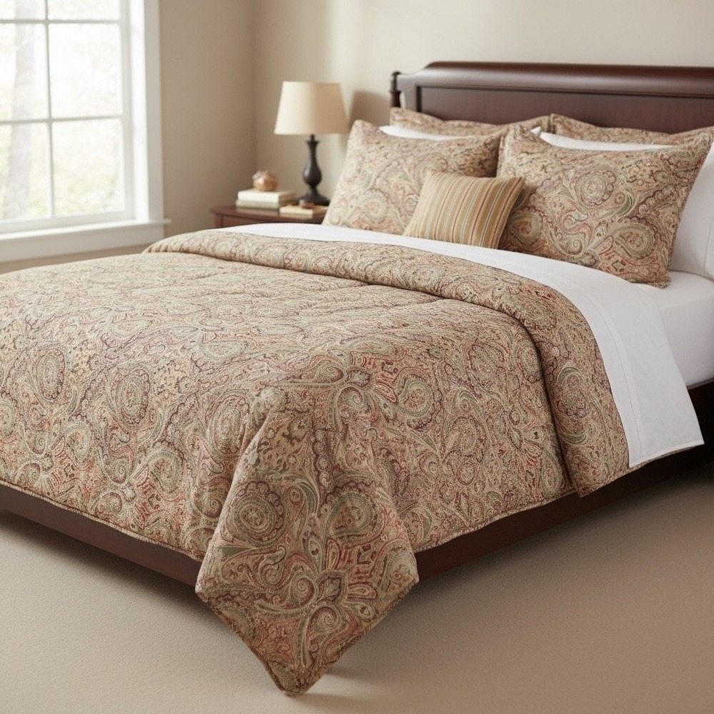 LRL Lauren Ralph Lauren Red Gold Paisley Teal Full Queen Comforter 2 Shams Skirt